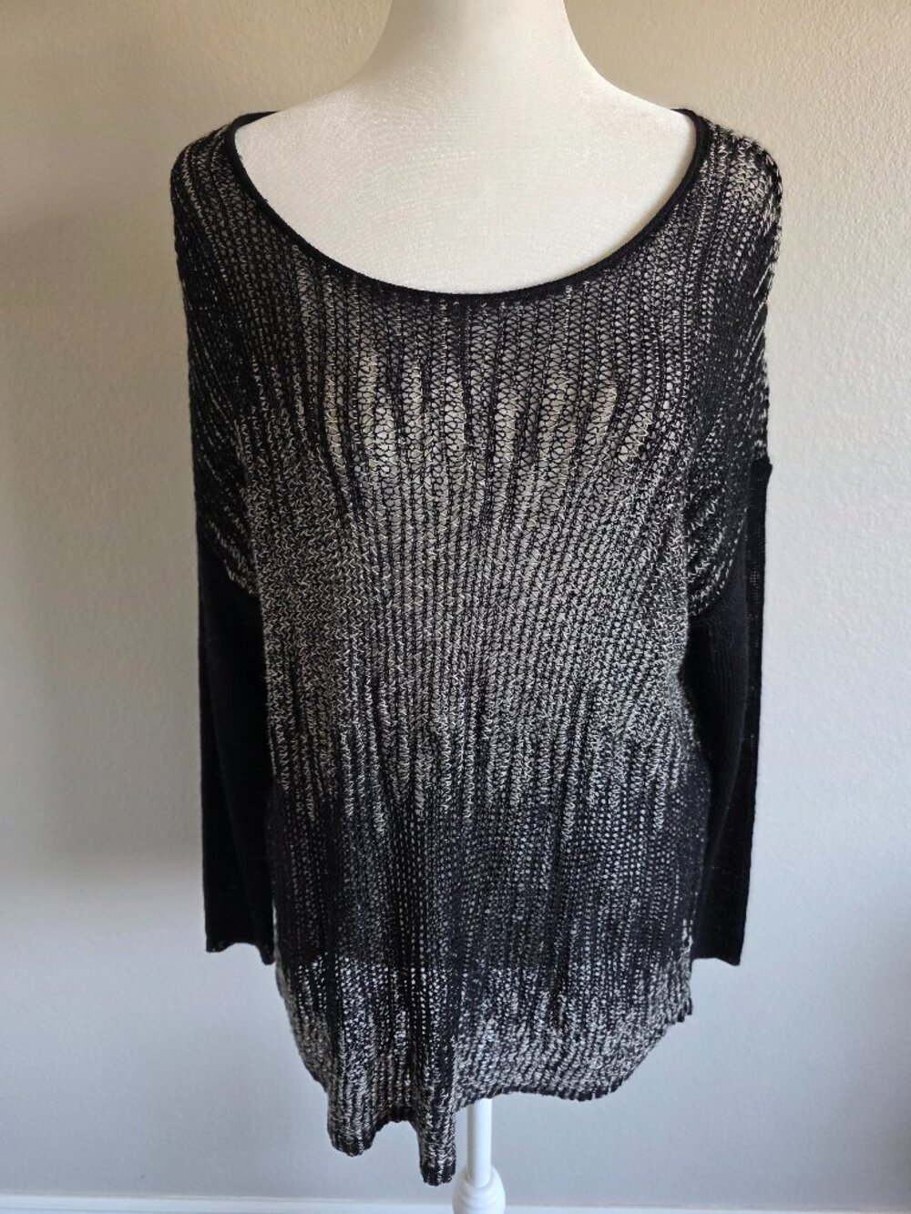 EIleen Fisher Sweater Wool Linen Open Knit Mesh Long Sleeve Black White Size M